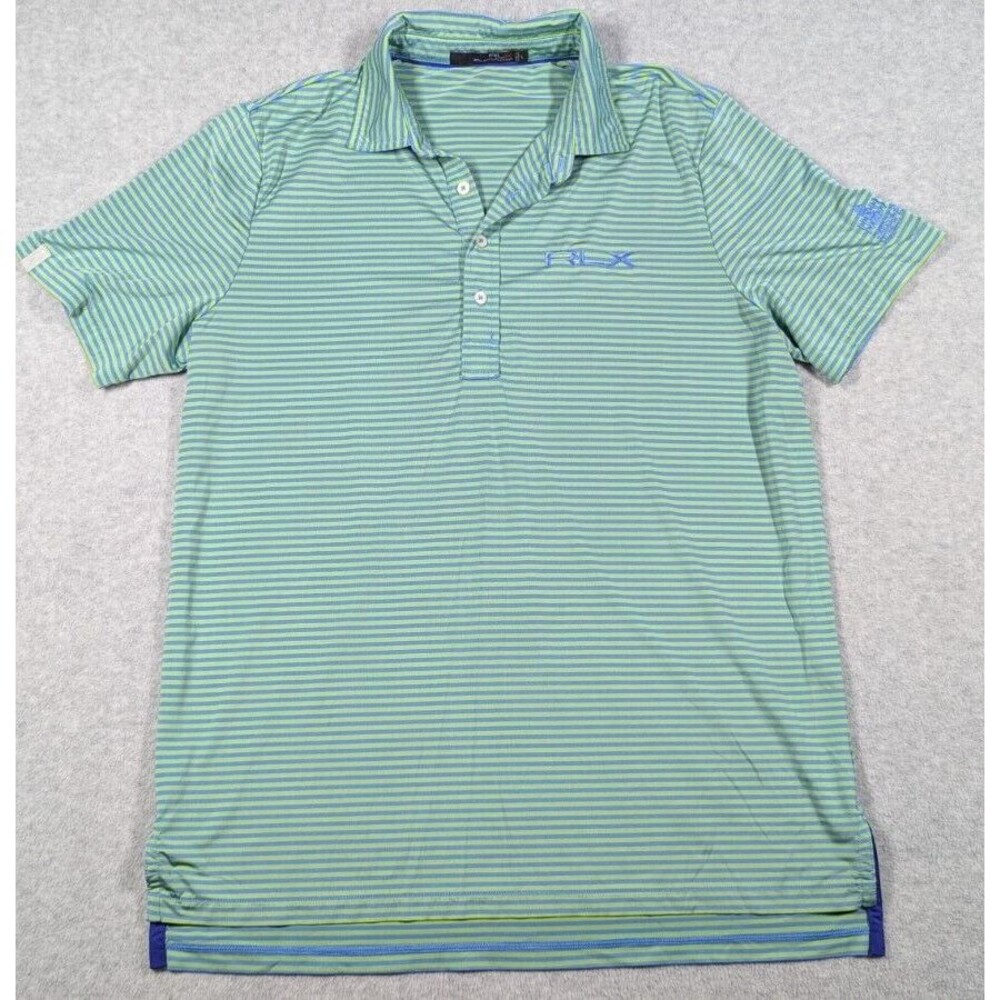 RALPH LAUREN RLX Men Shirt Polo Large Green Blue Striped Short Sleeve Knit‎ Golf